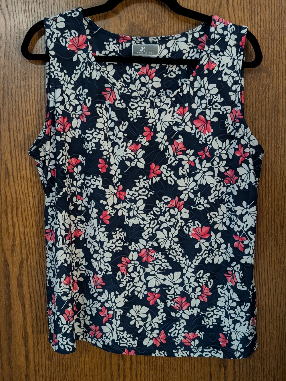 JM Collection Navy Floral Shirt with Pink & White Print (L)